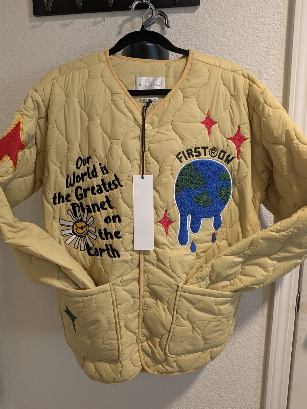 NWT First Row Planet Earth Quilted Liner Jacket Medium Embroidered Streetwear